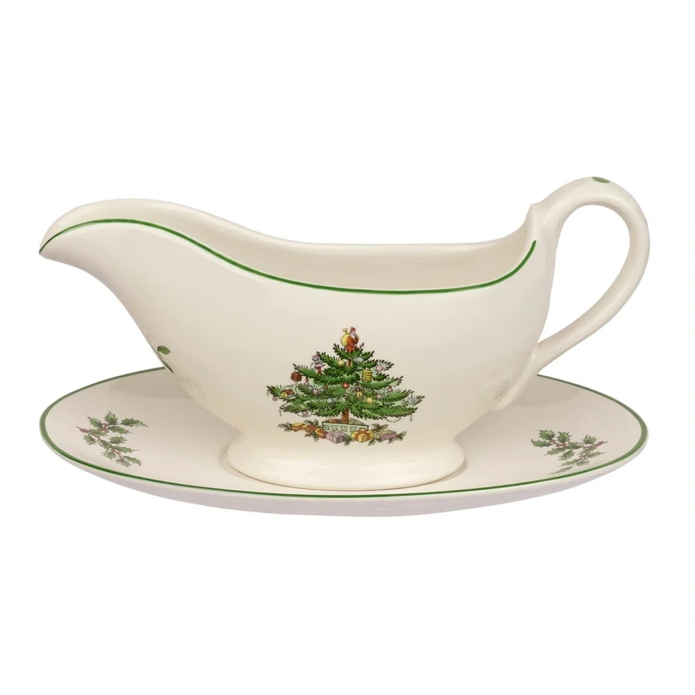Spode Christmas Tree Sauce Boat and Stand Gravy Boat